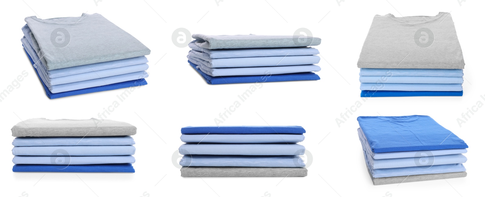 Image of Stacked t-shirts isolated on white, collage of views from different sides