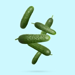 Image of Whole ripe cucumbers falling on light blue background