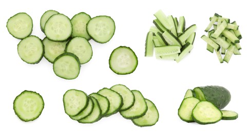 Fresh cucumbers isolated on white, collage. Different types of cuts