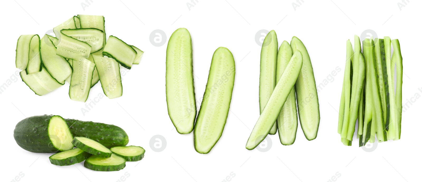 Image of Fresh cucumbers isolated on white, collage. Different types of cuts