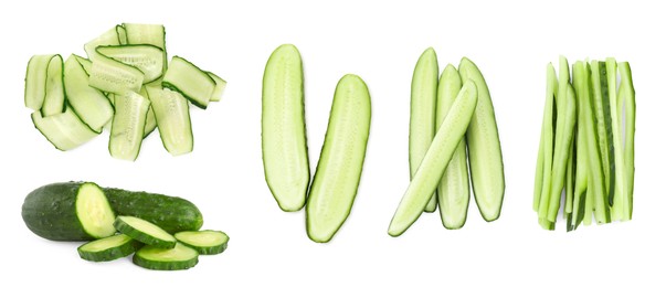 Fresh cucumbers isolated on white, collage. Different types of cuts