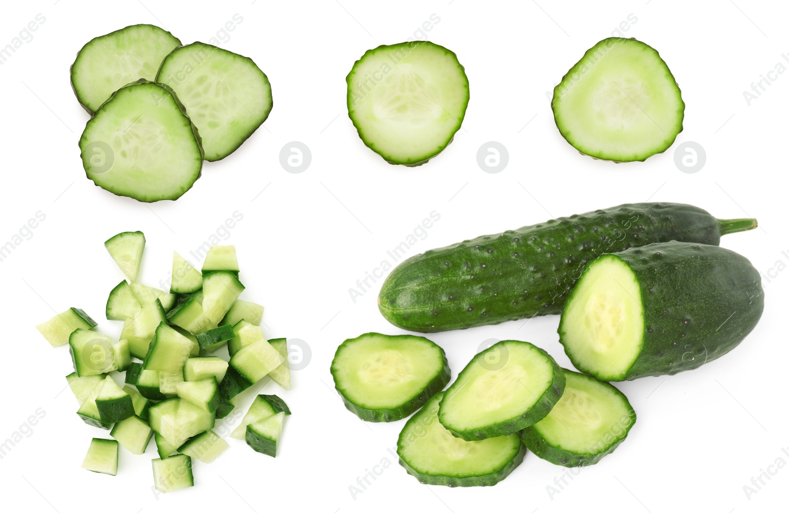 Image of Fresh cucumbers isolated on white, collage. Different types of cuts