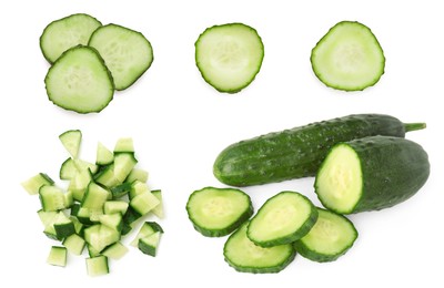 Fresh cucumbers isolated on white, collage. Different types of cuts