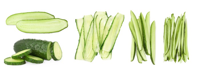 Image of Fresh cucumbers isolated on white, collage. Different types of cuts