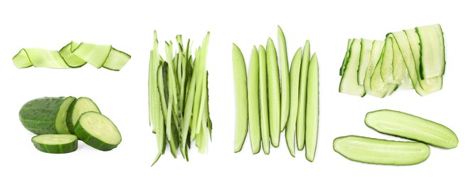 Image of Fresh cucumbers isolated on white, collage. Different types of cuts