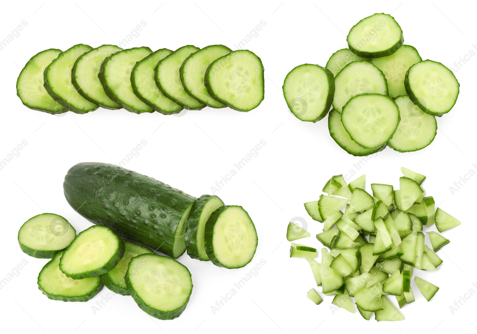 Image of Fresh cucumbers isolated on white, collage. Different types of cuts