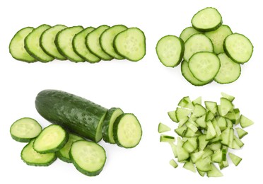 Image of Fresh cucumbers isolated on white, collage. Different types of cuts