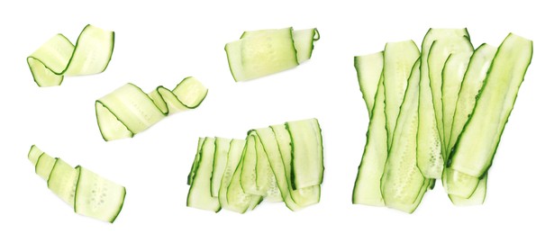 Image of Thinly sliced cucumbers isolated on white, collage