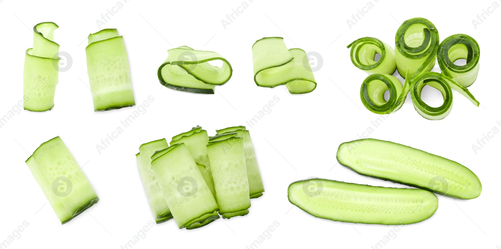 Image of Thinly sliced and halved cucumbers isolated on white, collage