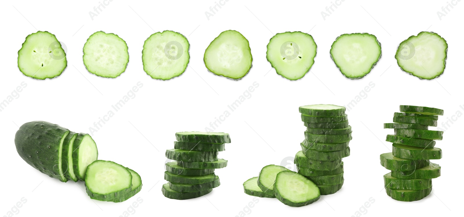 Image of Many sliced cucumbers isolated on white, collage