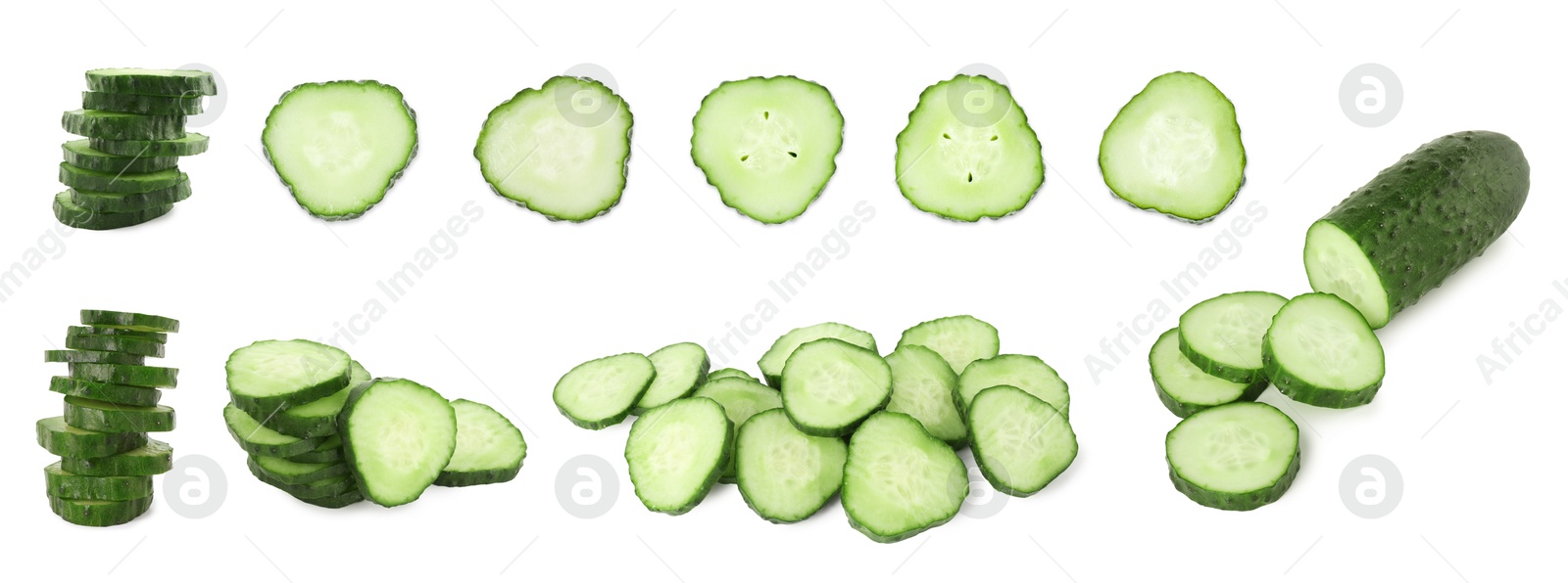 Image of Many sliced cucumbers isolated on white, collage