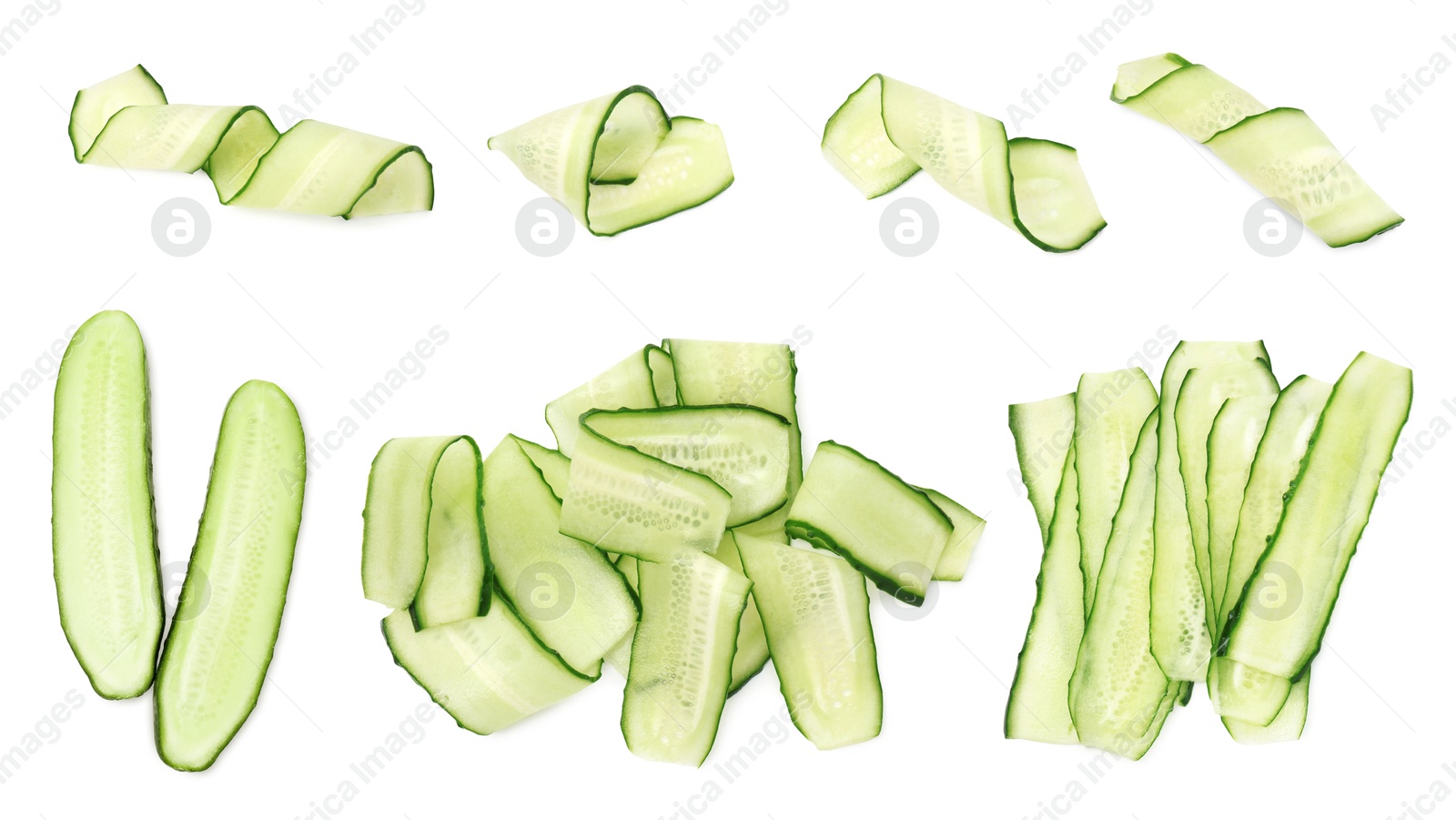 Image of Thinly sliced and halved cucumbers isolated on white, collage