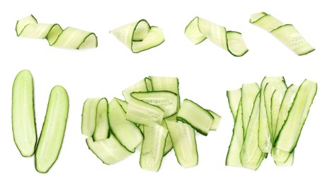 Image of Thinly sliced and halved cucumbers isolated on white, collage