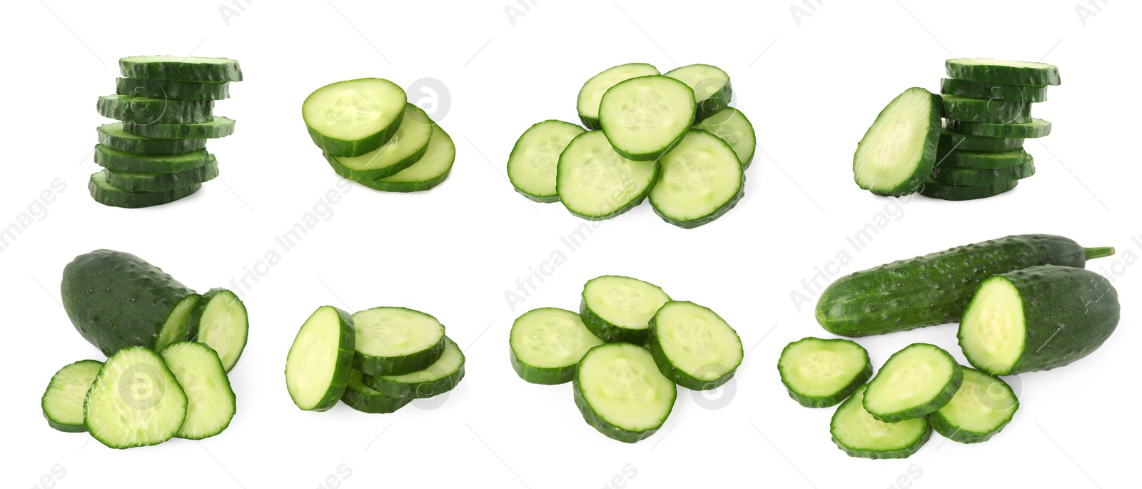 Image of Many sliced cucumbers isolated on white, collage