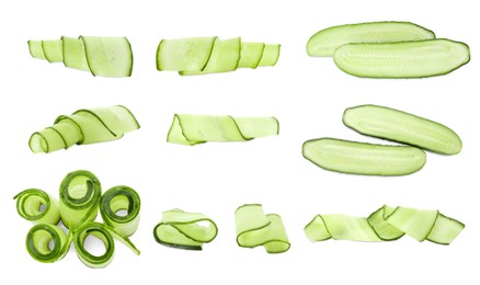 Image of Thinly sliced and halved cucumbers isolated on white, collage