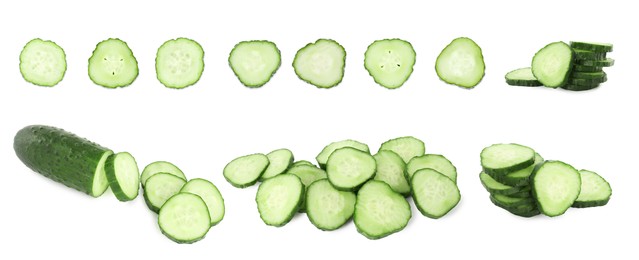 Image of Many sliced cucumbers isolated on white, collage