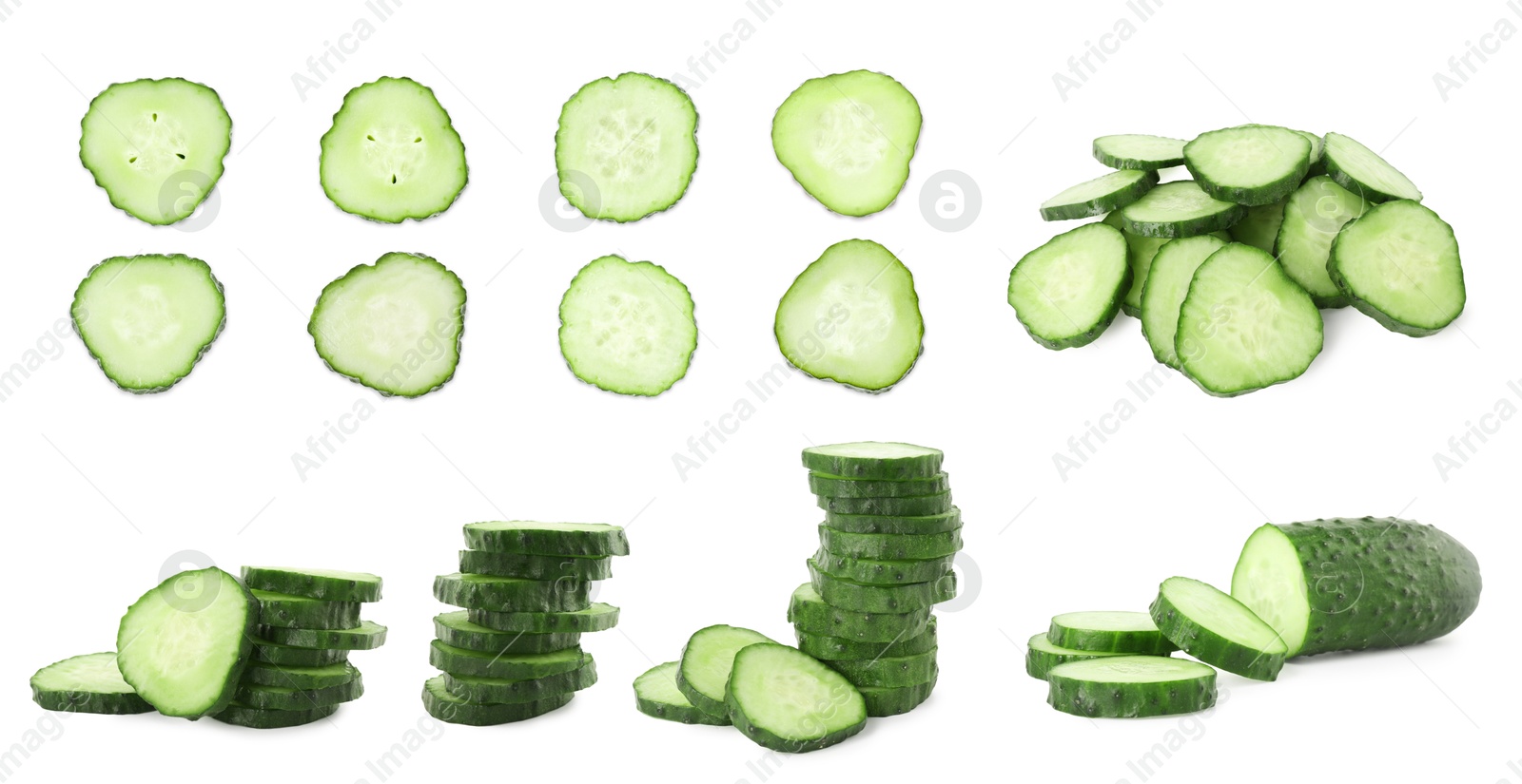 Image of Many sliced cucumbers isolated on white, collage