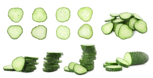 Image of Many sliced cucumbers isolated on white, collage