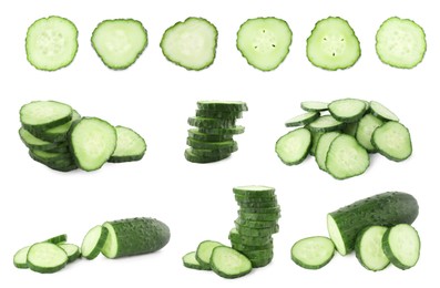 Image of Many sliced cucumbers isolated on white, collage