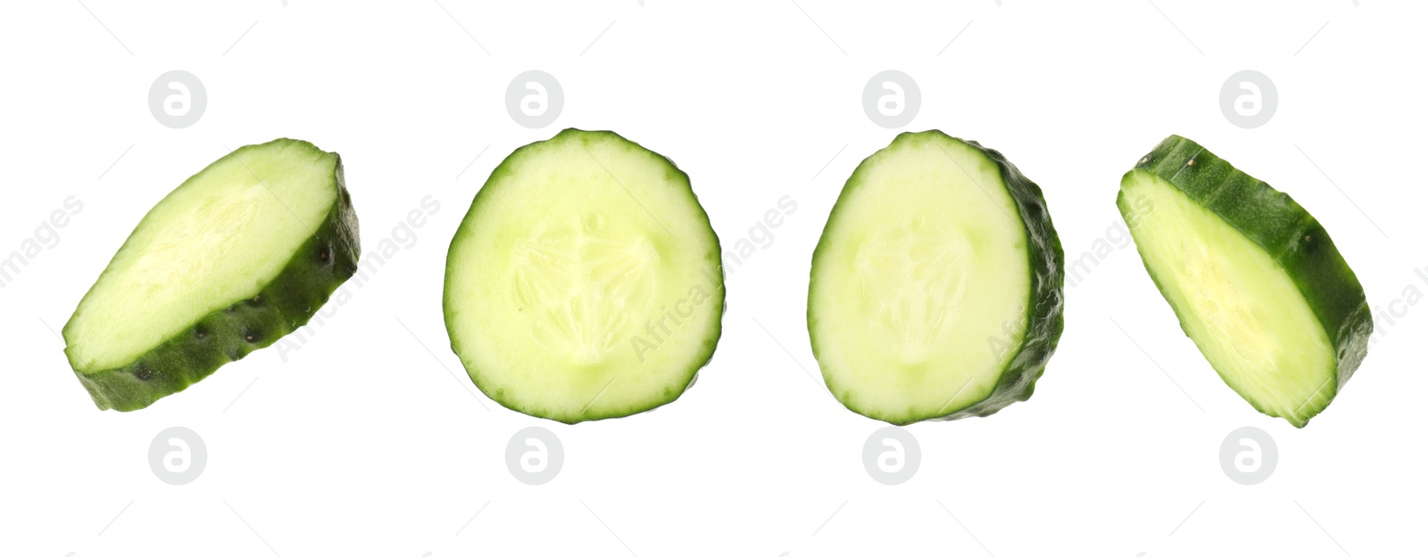 Image of Round cucumber slices isolated on white, collage