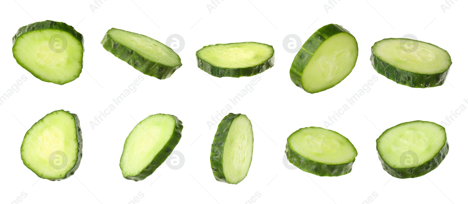 Image of Round cucumber slices isolated on white, collage