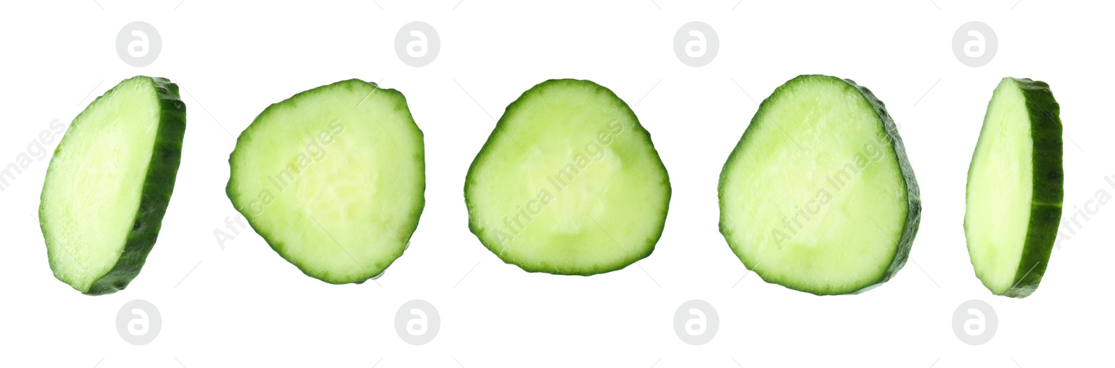 Image of Round cucumber slices isolated on white, collage