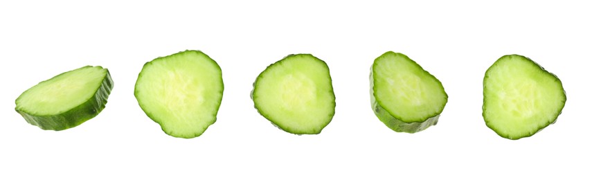 Image of Round cucumber slices isolated on white, collage