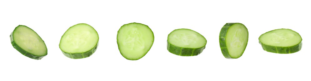 Round cucumber slices isolated on white, collage