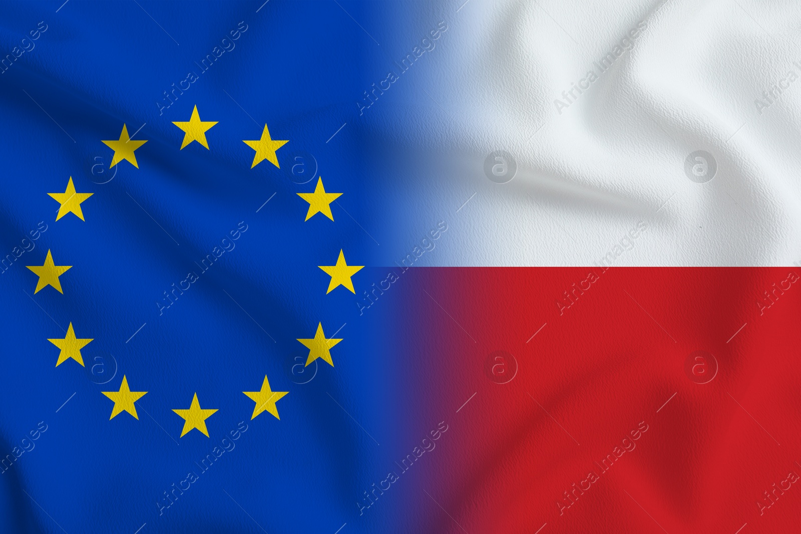 Image of Flags of European Union and Poland, double exposure