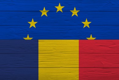 Image of Flags of European Union and Romania on wooden background