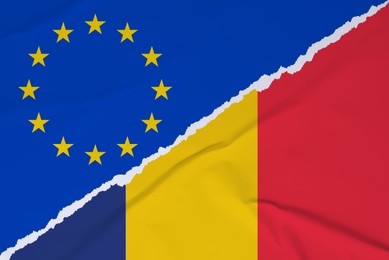 Image of Flags of European Union and Romania on torn papers