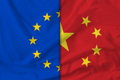 Image of Flags of European Union and China, top view