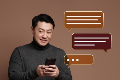 Happy man sending message via smartphone on brown background. Speech bubbles near him