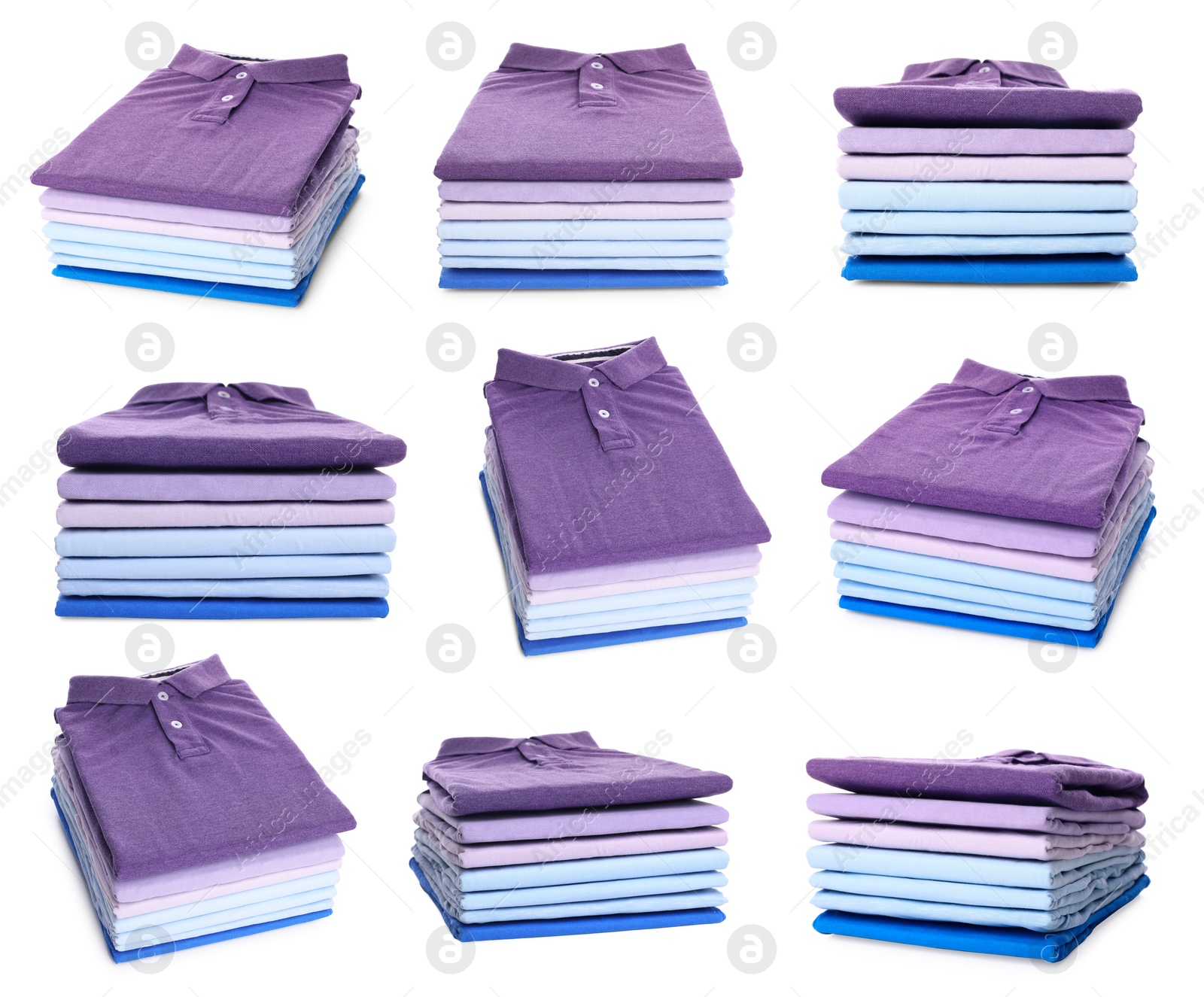 Image of Stacked t-shirts isolated on white, collage of views from different sides