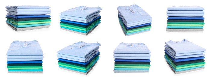 Image of Stacked t-shirts isolated on white, collage of views from different sides