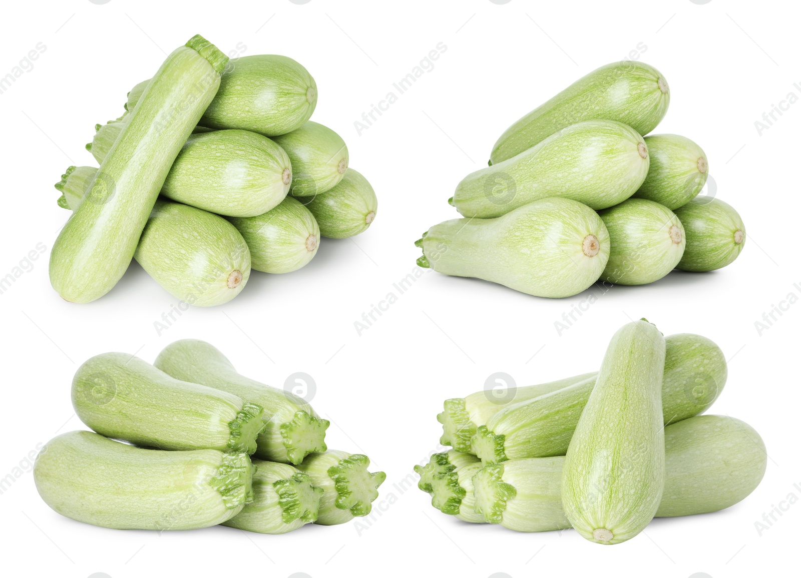 Image of Fresh ripe zucchini isolated on white, collage