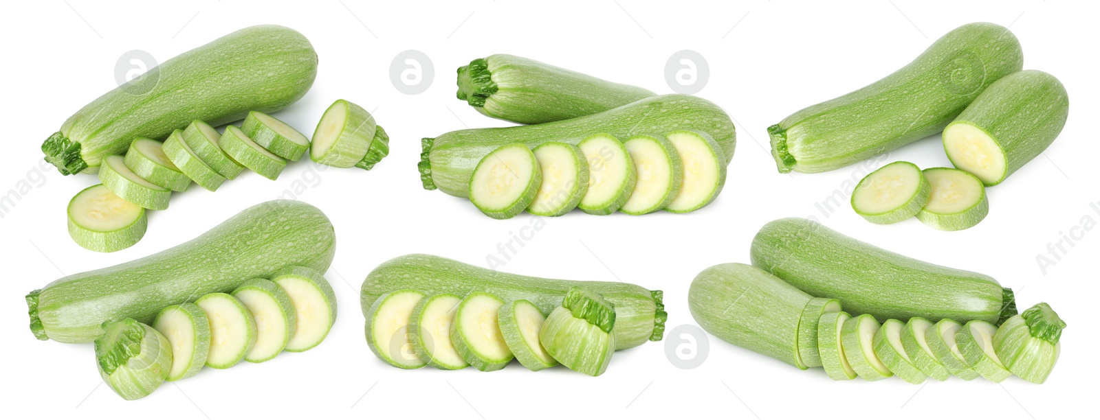 Image of Fresh ripe zucchini isolated on white, collage