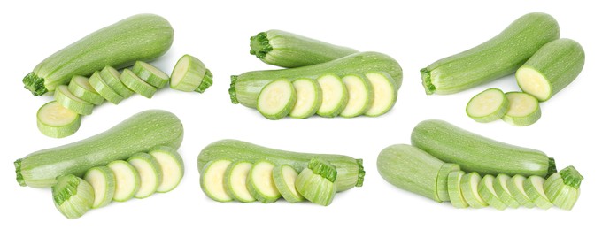 Image of Fresh ripe zucchini isolated on white, collage