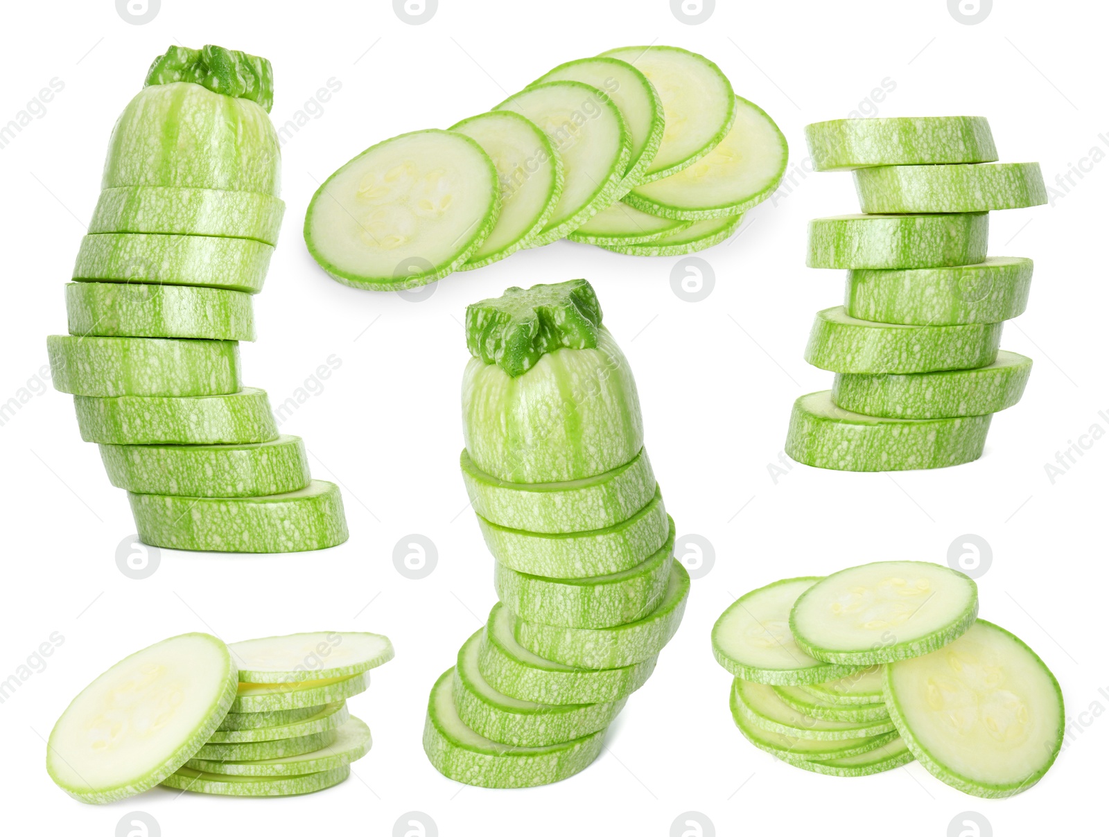 Image of Fresh ripe zucchini isolated on white, collage