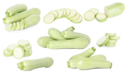 Image of Fresh ripe zucchini isolated on white, collage