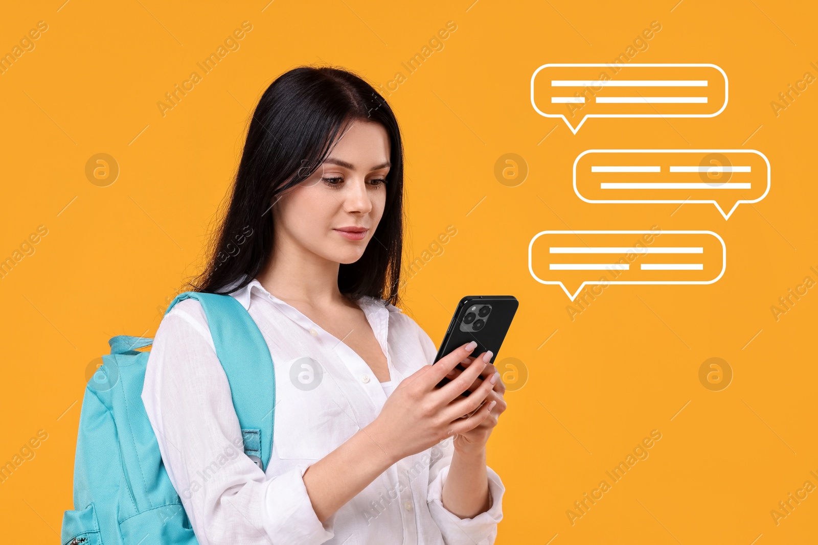 Image of Woman sending message via smartphone on orange background. Speech bubbles near her