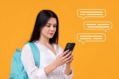 Woman sending message via smartphone on orange background. Speech bubbles near her