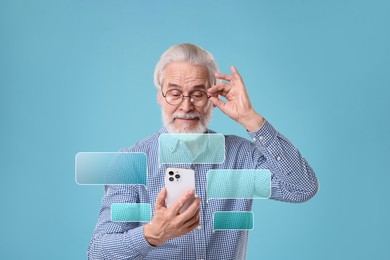 Image of Senior man reading message on smartphone against light blue background. Speech bubbles near device