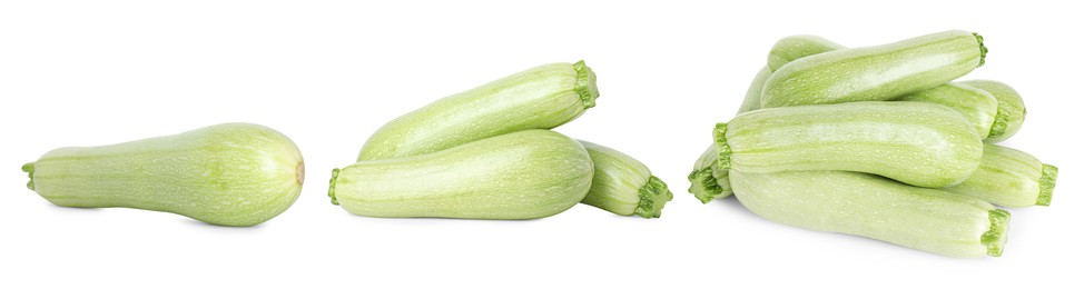 Image of Fresh ripe zucchini isolated on white, collage