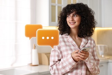 Happy woman waiting for message on smartphone in kitchen. Speech bubbles near her