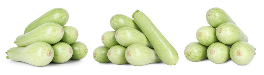 Image of Fresh ripe zucchini isolated on white, collage