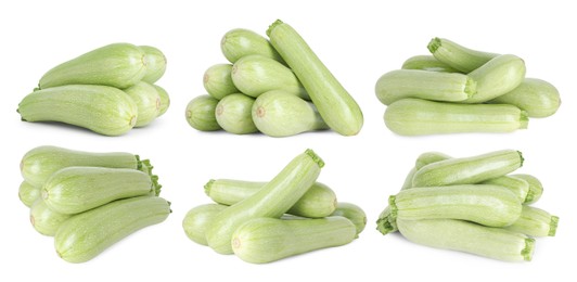 Image of Fresh ripe zucchini isolated on white, collage