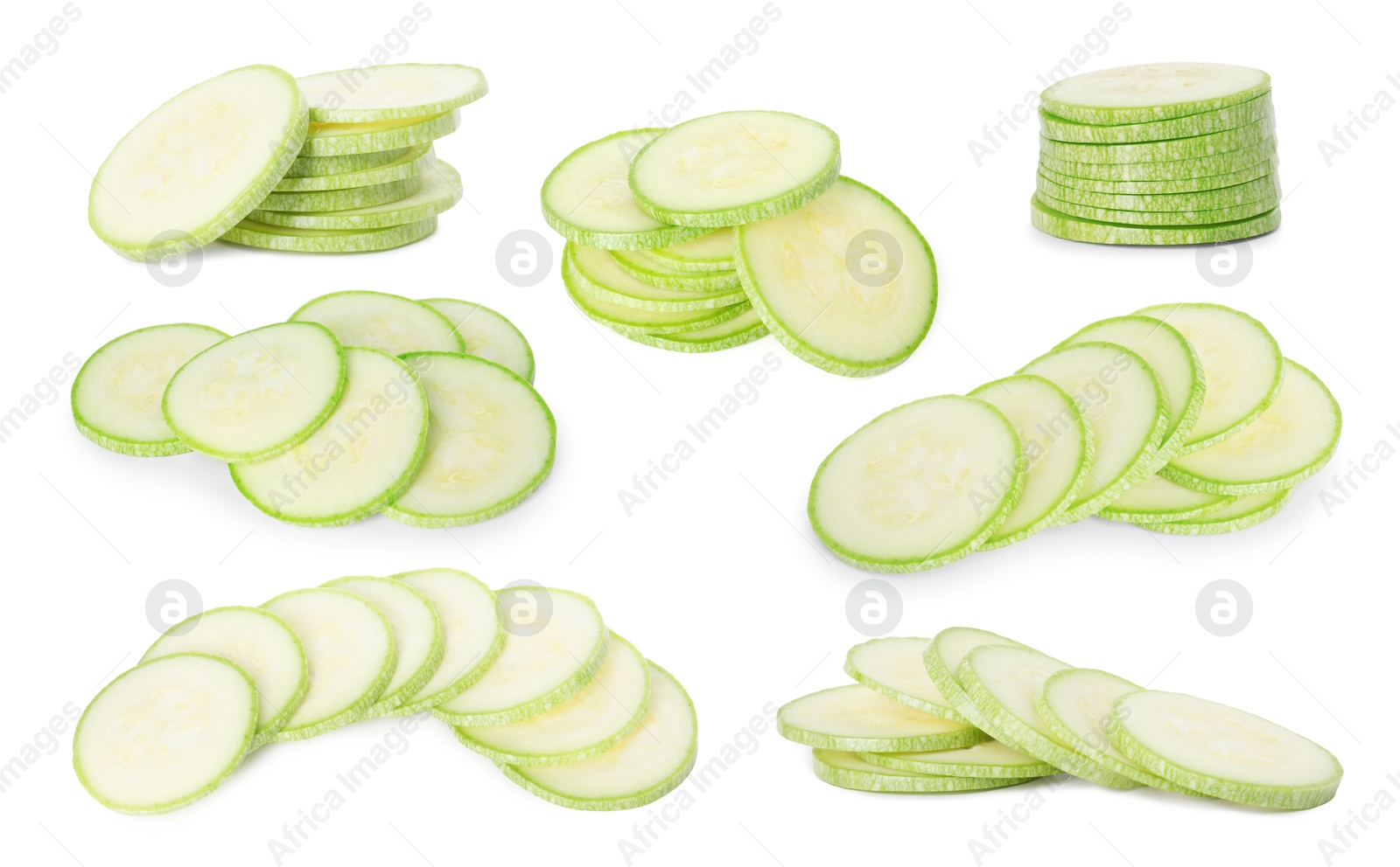 Image of Fresh ripe zucchini isolated on white, collage