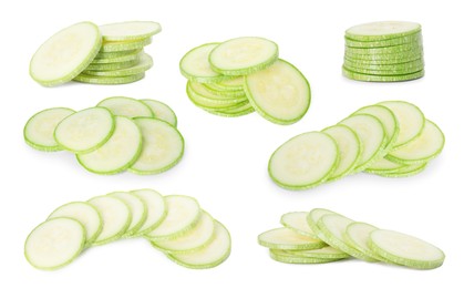 Image of Fresh ripe zucchini isolated on white, collage