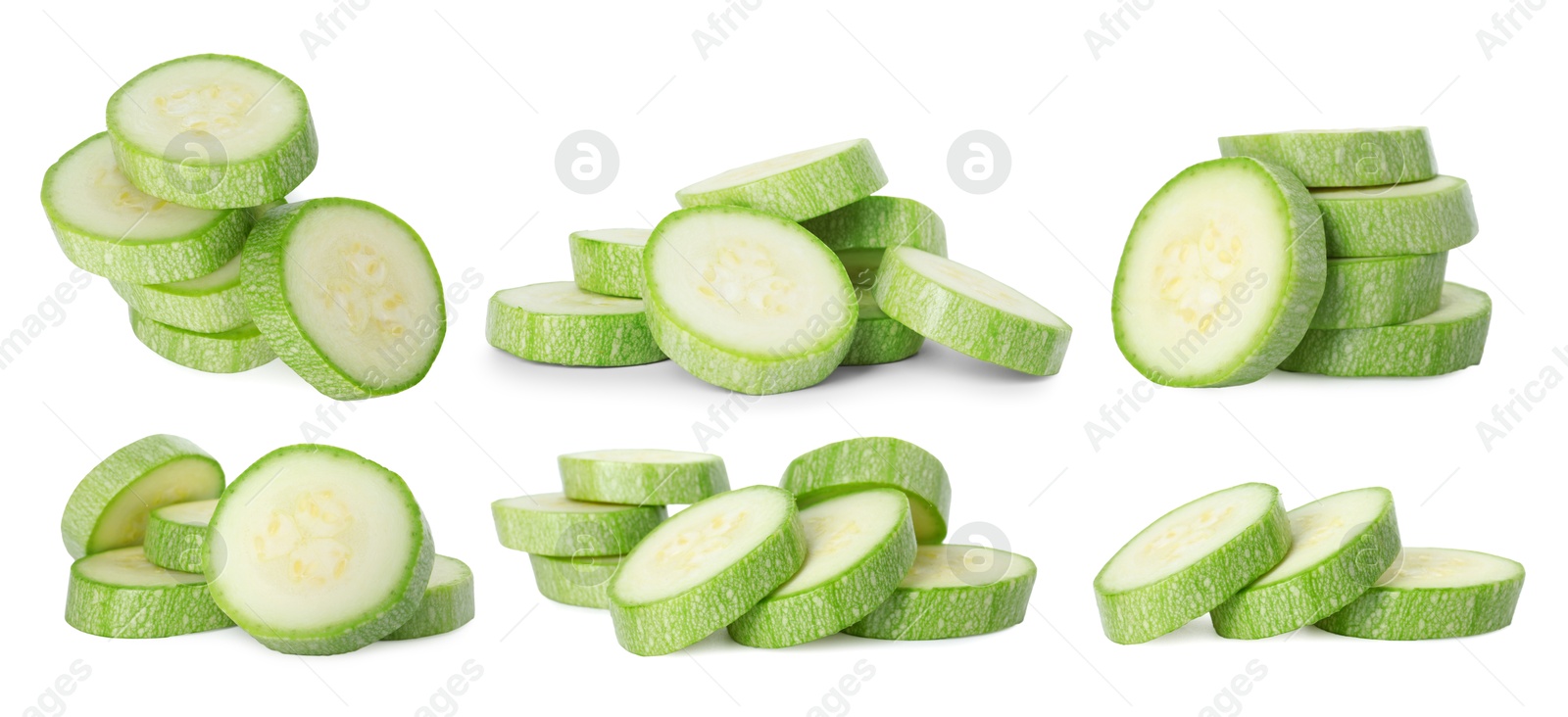 Image of Fresh ripe zucchini isolated on white, collage